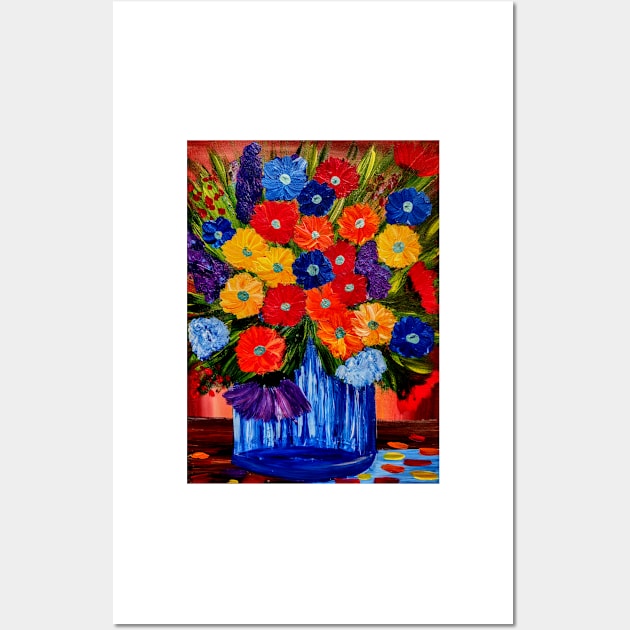 Beautiful floral paintings with abstract flowers in a blue vase Wall Art by kkartwork